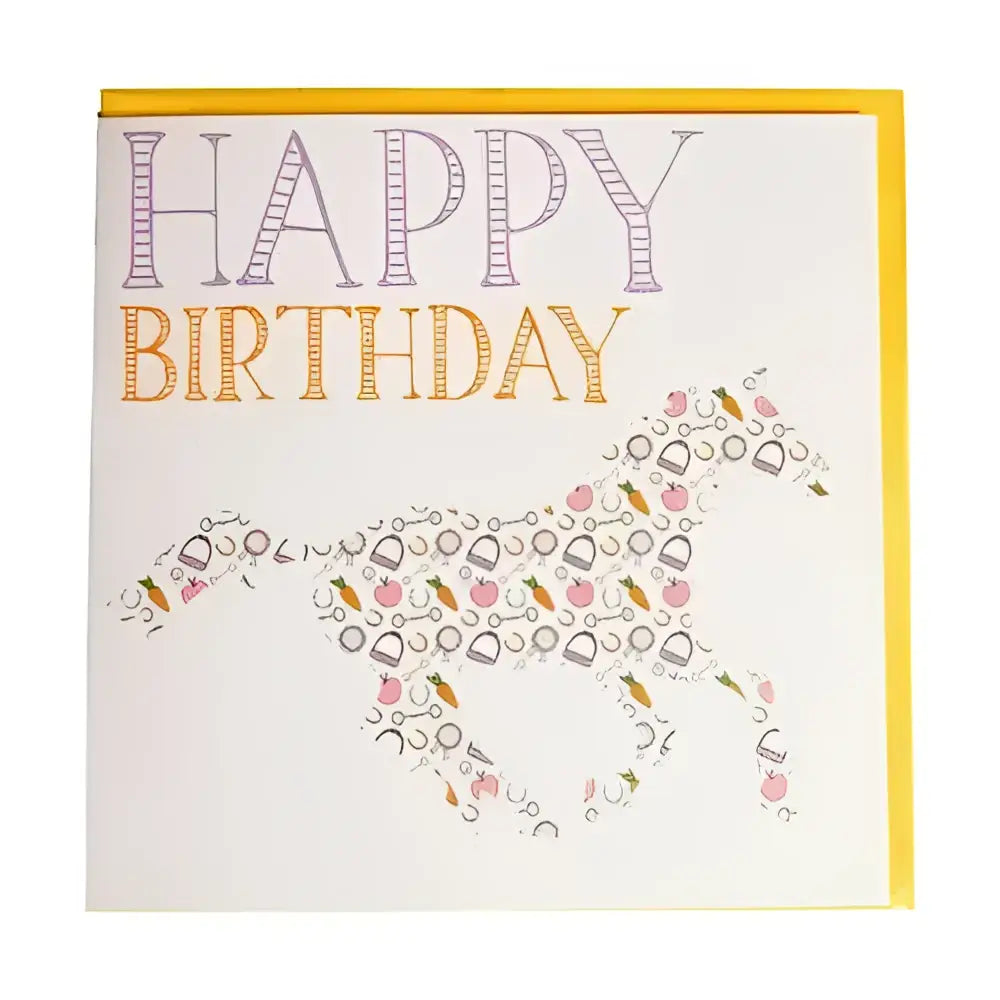 A white birthday card from gubblecote beautiful whimsys range with purple gold happy birthday and equestrian horse design