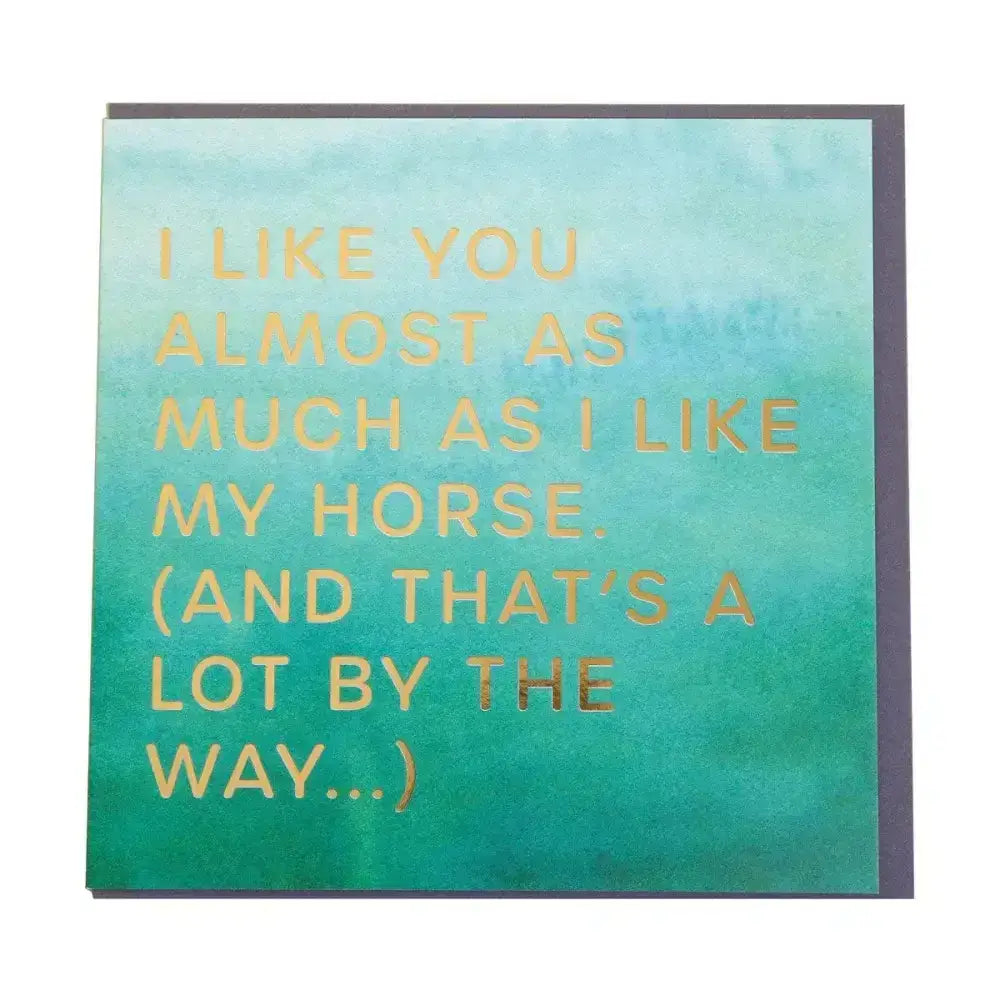 A gubblecote foiled greetings card with teal gradient and gold foil text humorous foiled card for horsey greeting cards
