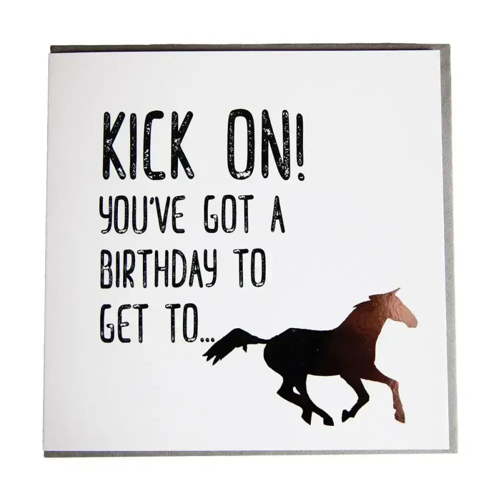 White gubblecote foiled greetings card with black distressed text and metallic brown horse silhouette perfect for horsey greeting cards