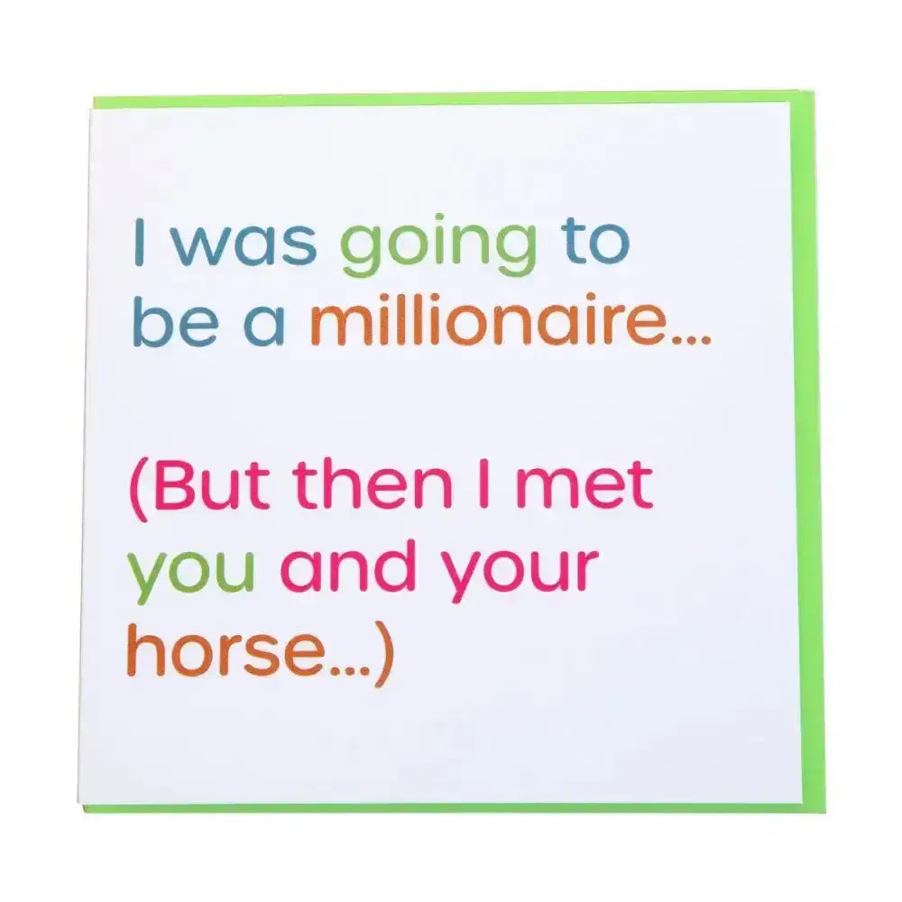A white gubblecote foiled greetings card with a light green border and colourful humourous foiled text perfect as horsey greeting cards