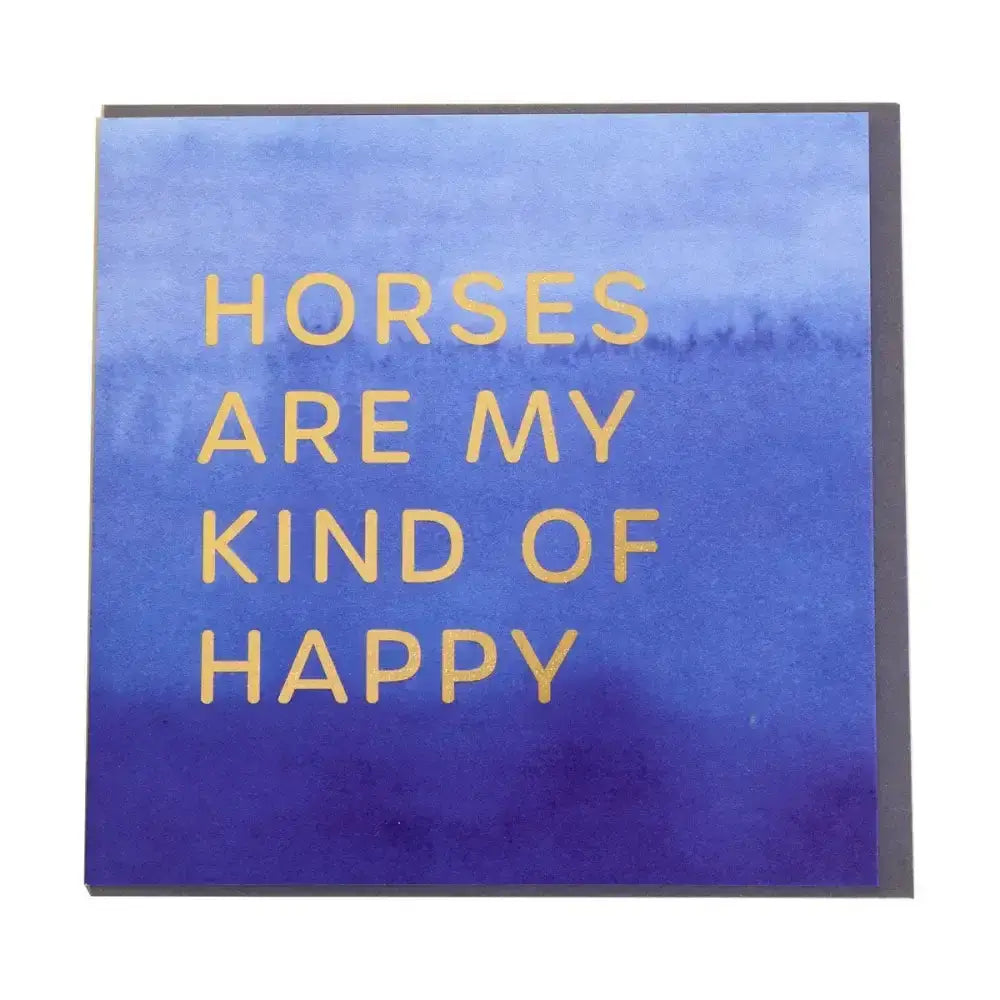 A gubblecote foiled greetings card with a blue gradient background and gold foil humourous horsey greeting cards text