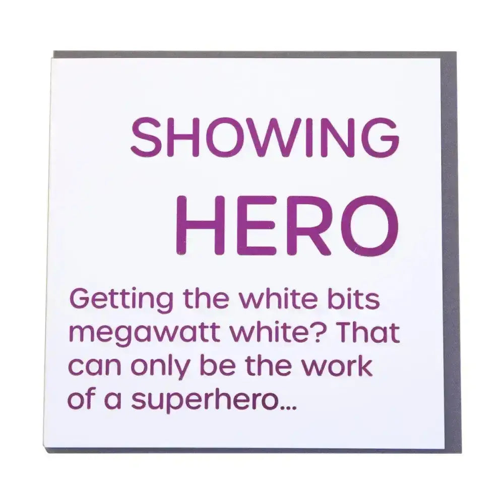White gubblecote foiled greetings card with purple humourous foiled card text showing hero framed by gray border