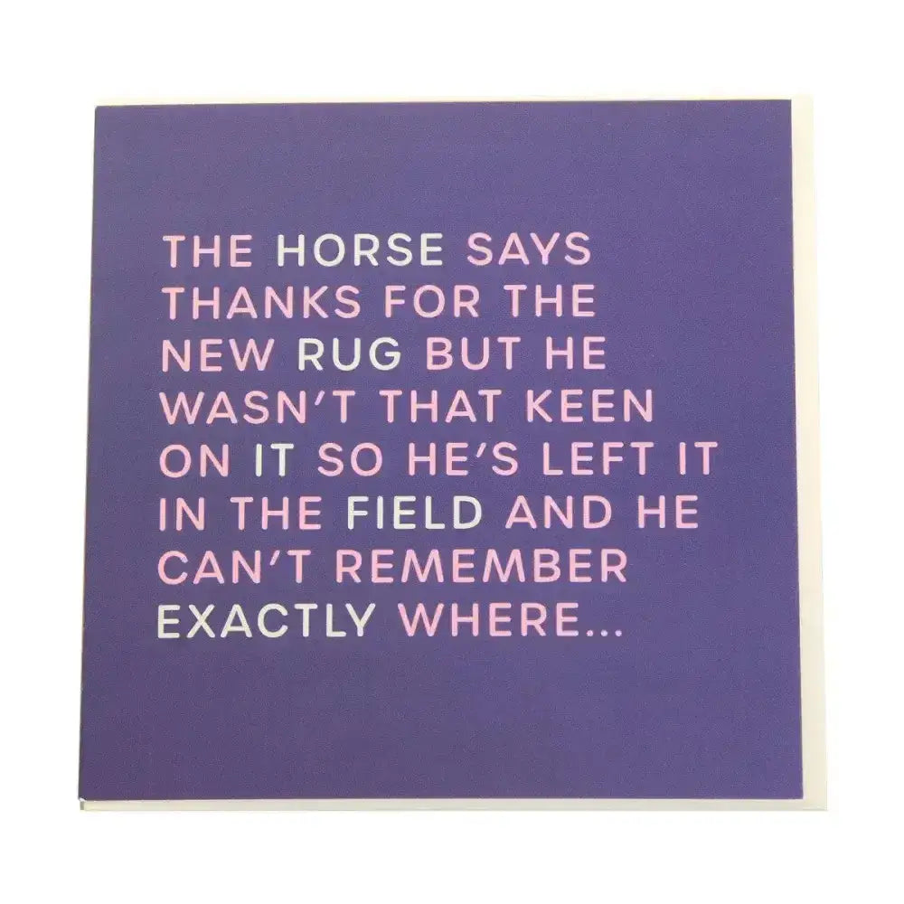 Purple gubblecote foiled humourous foiled card with pink white text horsey greeting cards thanks for the new rug message