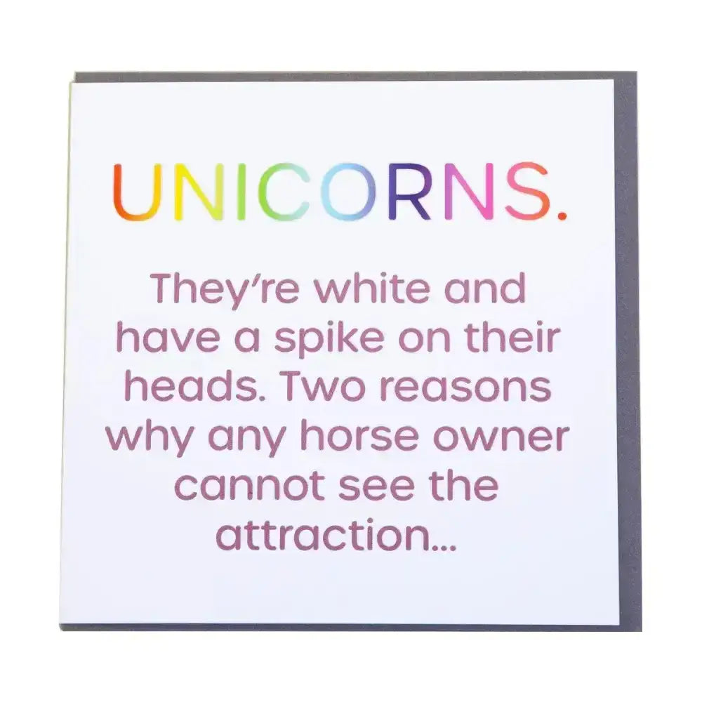 Gubblecote foiled humourous foiled card with rainbow unicorns and purple text on white background horsey greeting cards