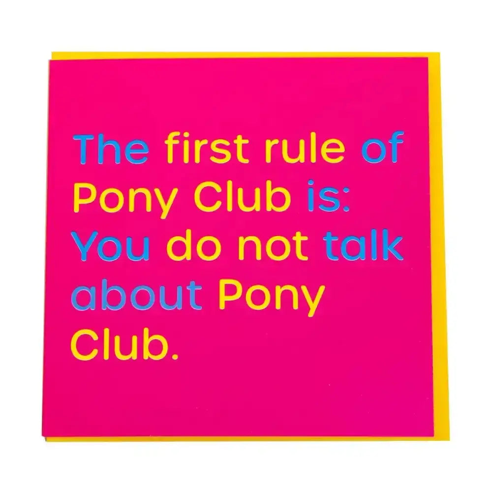 Vibrant pink gubblecote humourous card from wordy range with bold yellow border and playful multicolored text about pony club