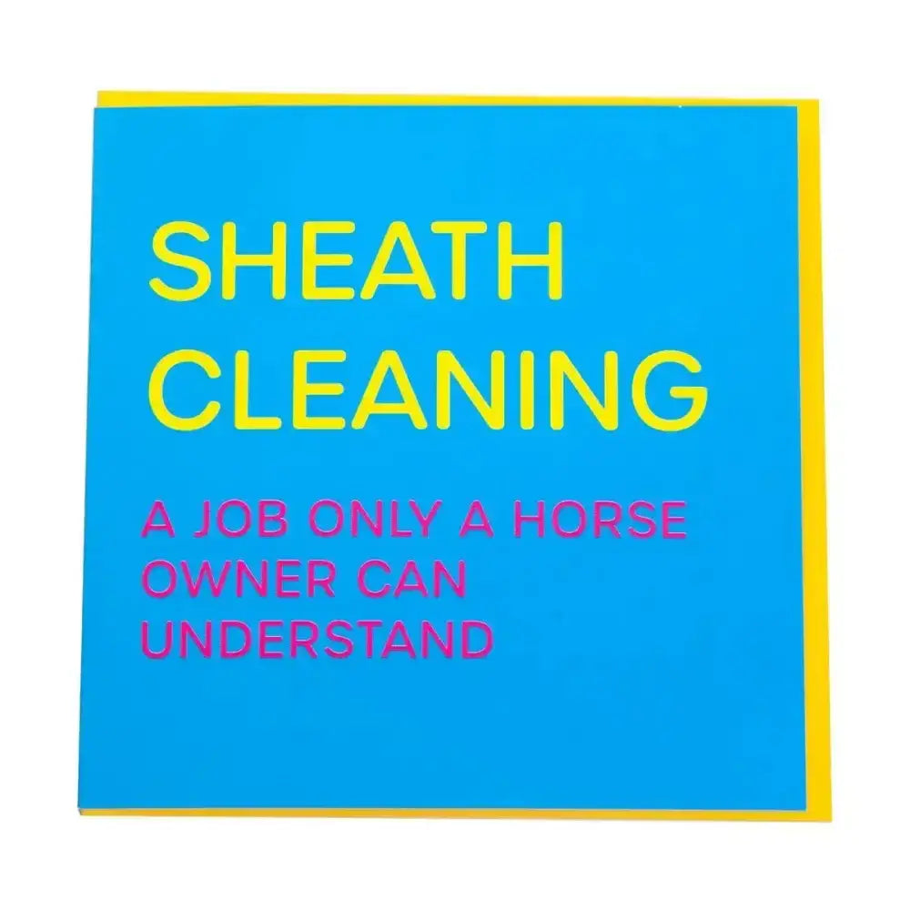 Bright blue gubblecote humourous card with bold yellow and pink text about sheath cleaning for horse owners