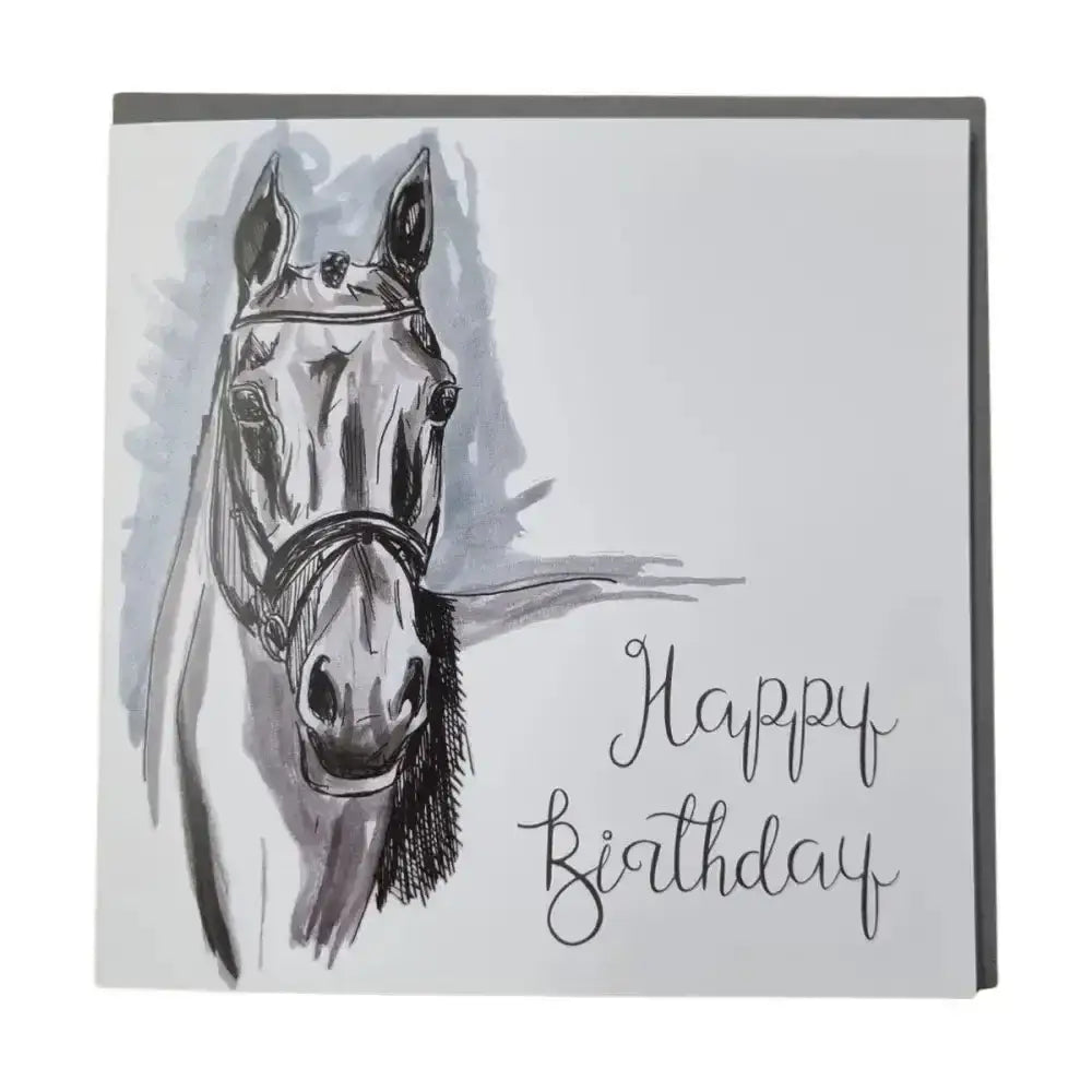 A gubblecote watercolour white greeting card with an equestrian themed black and gray horse head sketch and happy birthday text