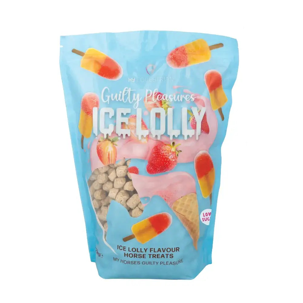 A light blue resealable bag of guilty pleasures treats horse treats with popsicle and strawberry illustrations by hy equestrian