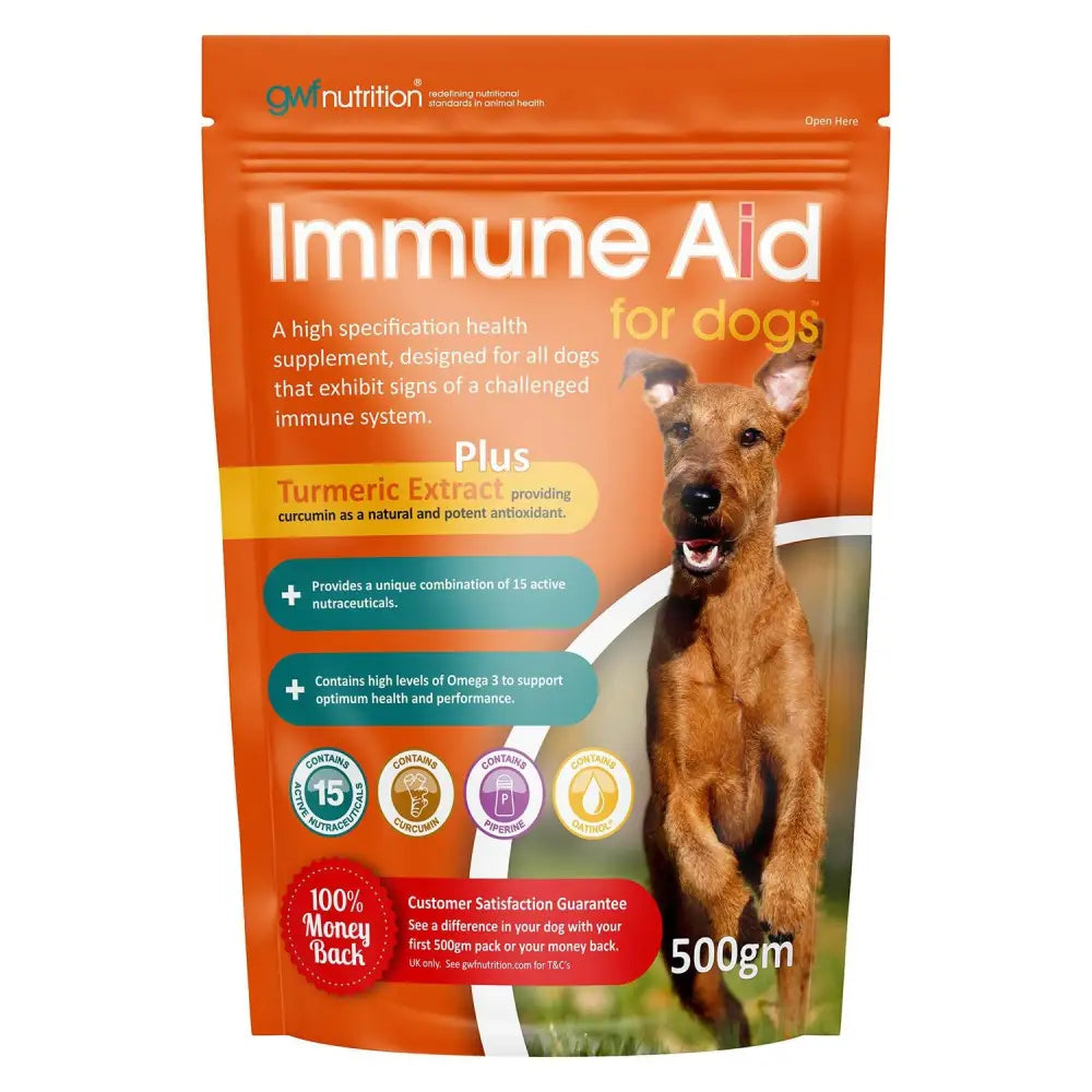 Orange pouch of gwf immune aid for dogs with turmeric extract omega 3 for a high specification health supplement