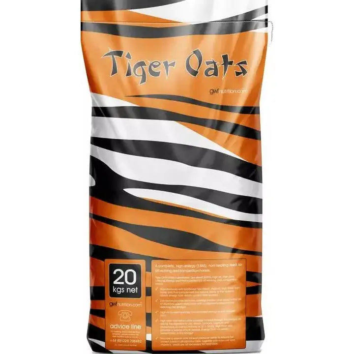 Orange and black tiger striped bag of gwf tiger oats 20kg net weight for feeding tiger oats