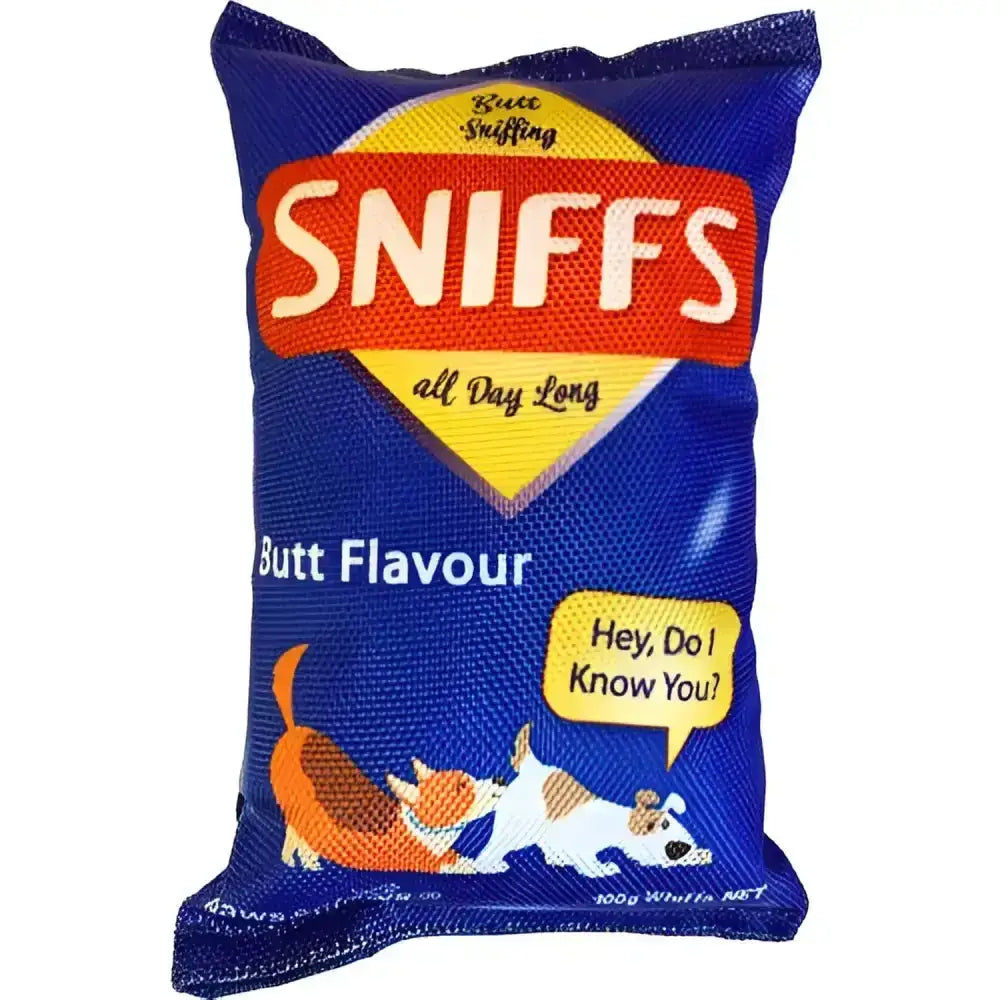 Blue plush snack dog toy shaped like a sniffies chip packet with cartoon dogs and crinkle noise for fun bright play