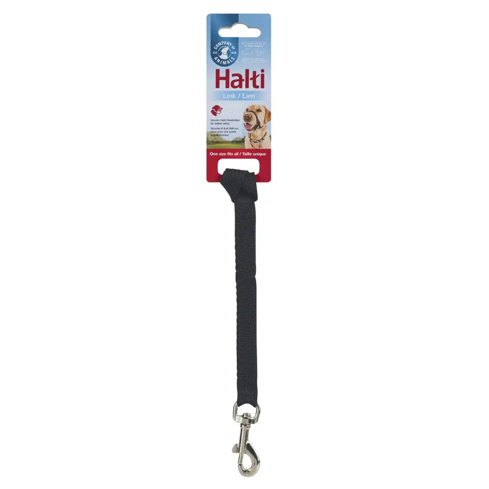 Black halti link training attachment with silver metal clasp for equestrian dog leash use