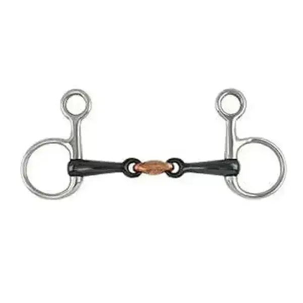 Black and copper hanging cheek sweet iron bit with polished metal rings featuring copper lozenger bits design