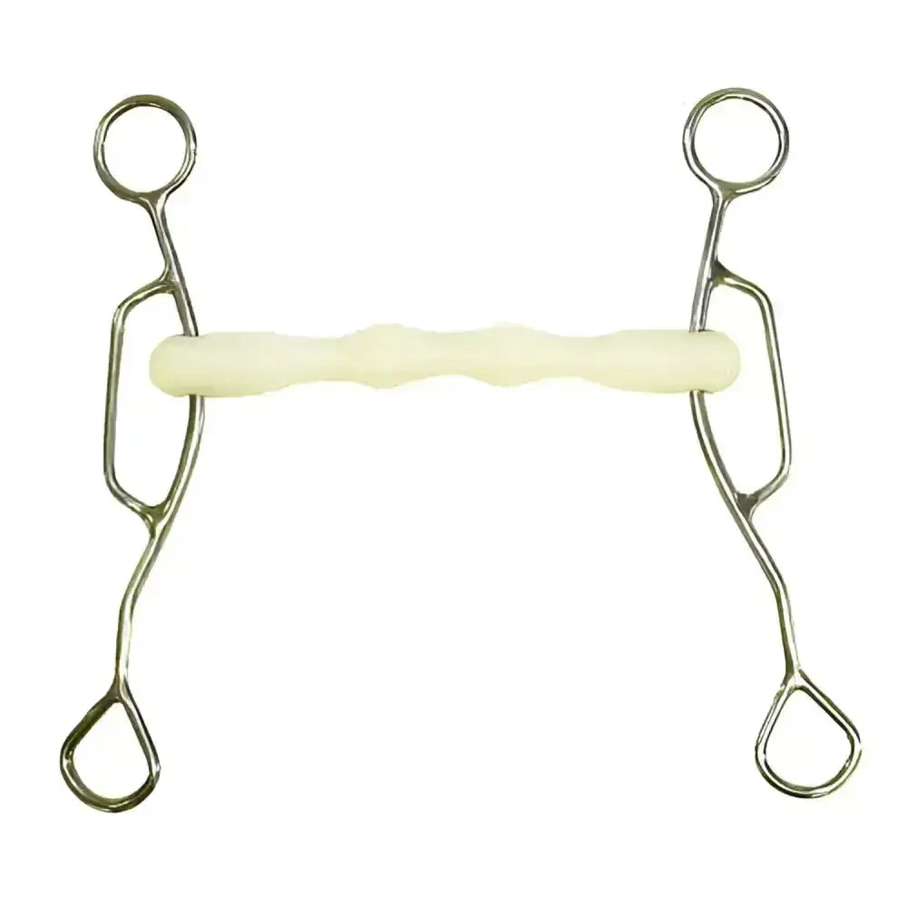 Silver metal happy mouth american gag shaped horse bit with cream textured rubber mouthpiece