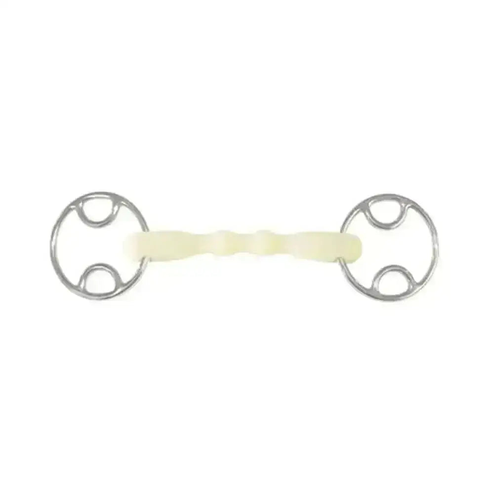 A pale yellow textured rubber happy mouth beval bit shaped straight bar with polished silver metal rings and classic design