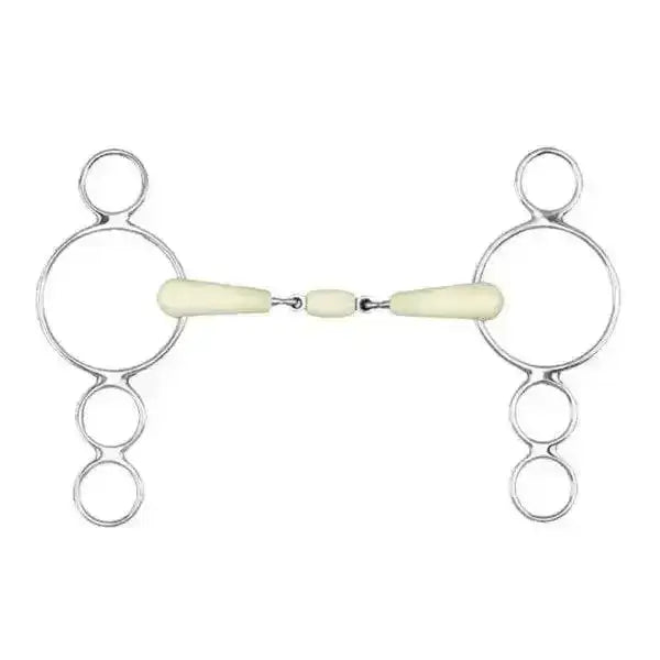 Silver metal happy mouth bits rings dutch gag double jointed horse bit with cream rubber mouthpieces and central link