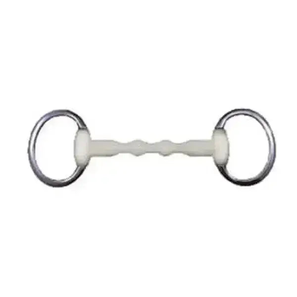 A white textured happy mouth bits eggbutt straight bar mullen mouth horse bit with polished silver rings