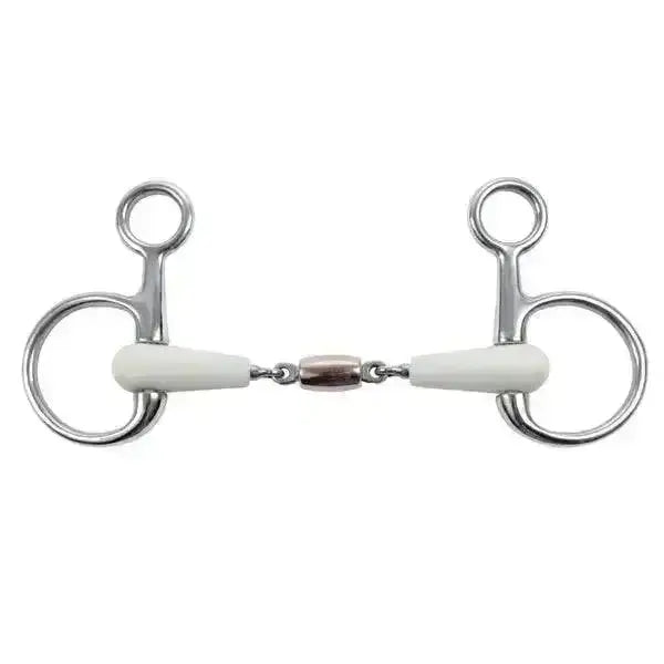 Silver happy mouth bits hanging cheek copper roller horse bit with white rubberized mouthpiece and jointed center