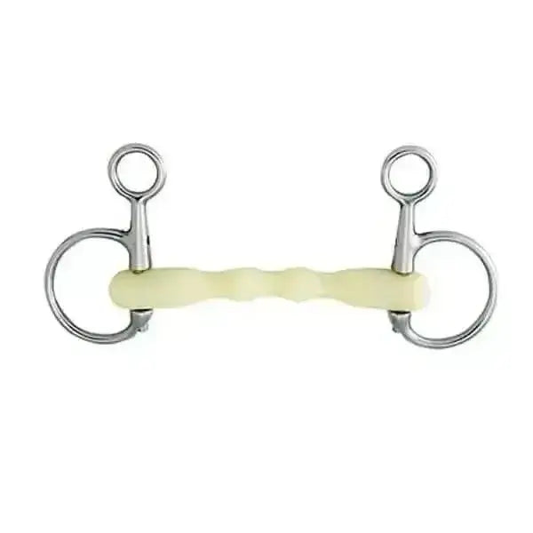 A pale yellow textured rubber happy mouth bits hanging cheek shaped straight bar mullen mouth horse bit with silver rings