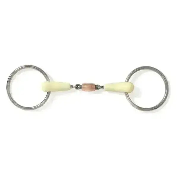 A sleek happy mouth bits loose ring copper roller horse bit with pale yellow ivory handles and a copper joint
