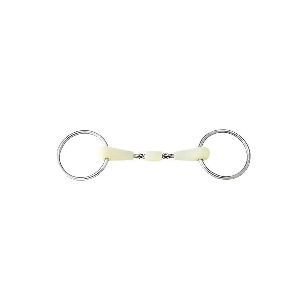 A sleek pale yellow happy mouth bits loose ring plastic roller horse bit with polished silver metal rings and central joint