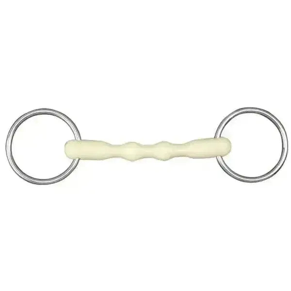 Cream-colored rubber happy mouth bits shaped straight bar with twisted texture and polished metal loose ring design