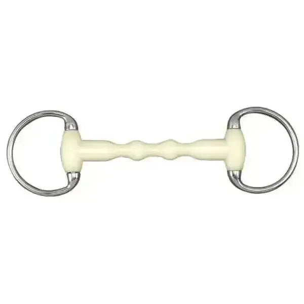 Cream-colored happy mouth bits shaped straight bar mullen mouth eggbutt bradoon horse bit with polished metal rings