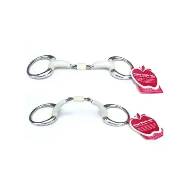 Silver happy mouth contour eggbutt double joint roller horse bit with white rubber mouthpiece and red apple tag