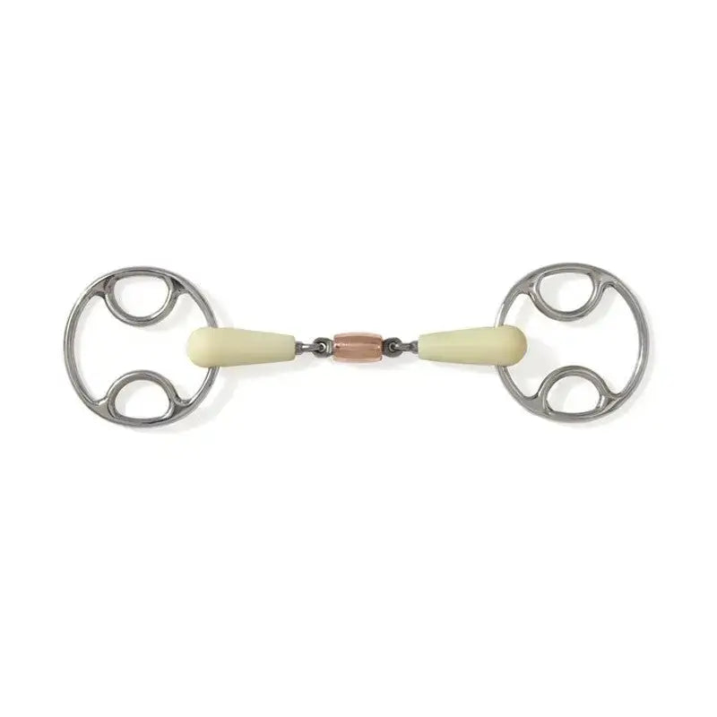 Silver horsebit with cream handles and rose gold connector in happy mouth copper roller beval horse bit design