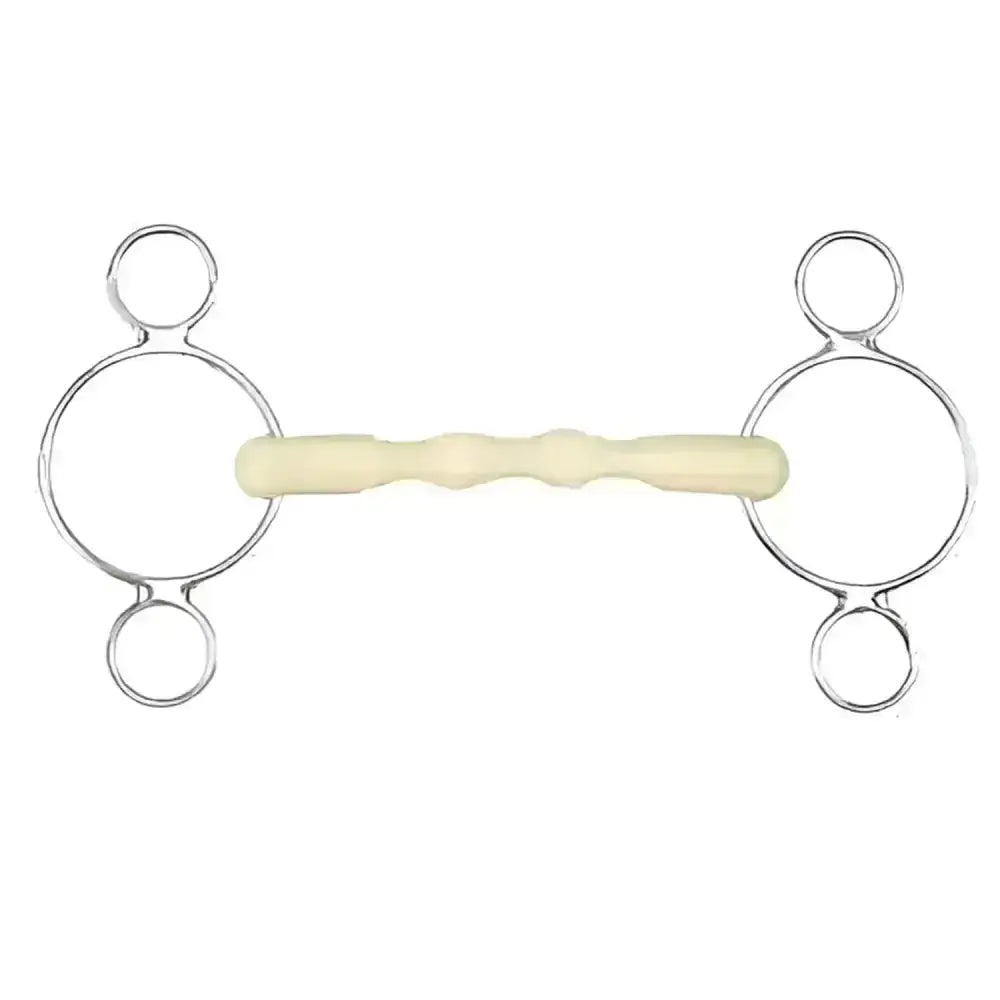Silver metal happy mouth dutch ring shaped straight bar with cream textured rubber mullen mouth bit for horses