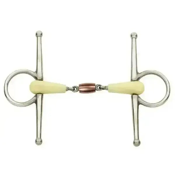 Happy mouth full cheek copper roller bit with silver horsebit, pale yellow rubber mouthpiece, and copper roller joint for excellent bit acceptance
