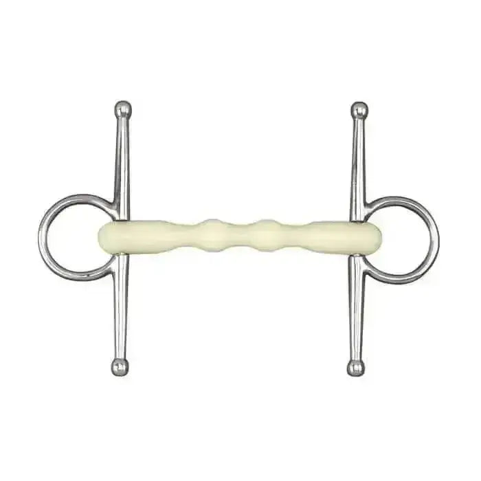 Silver-toned happy mouth cheek shaped mullen bit with cream textured rubber shaped mullen mouthpiece