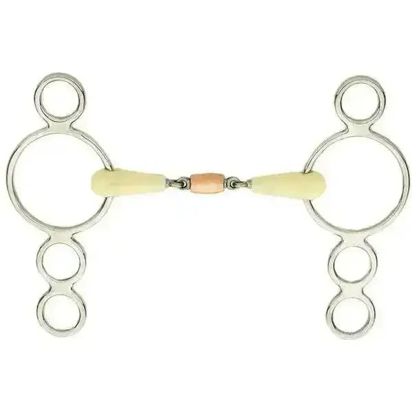 Happy mouth pessoa rings dutch gag bit with silver horsebit and pale yellow mouthpiece featuring three rings copper roller