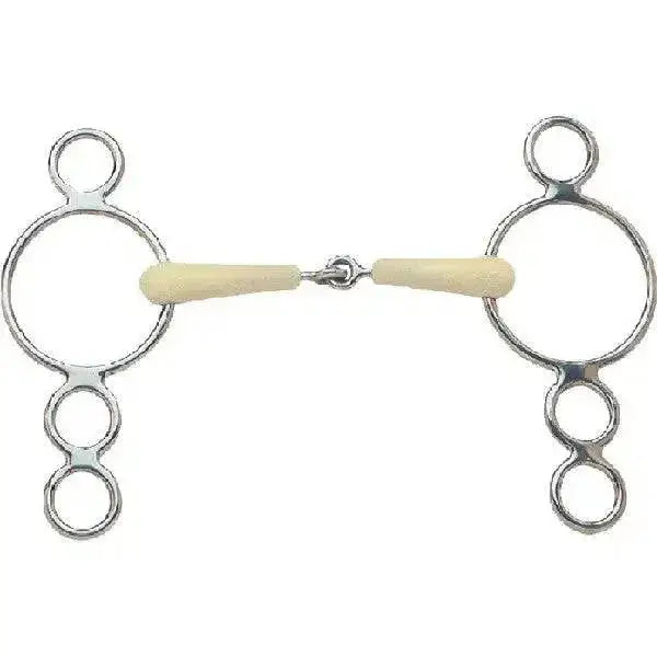 Silver metal happy mouth pessoa dutch gag jointed bit with cream wooden handles and three rings on each side