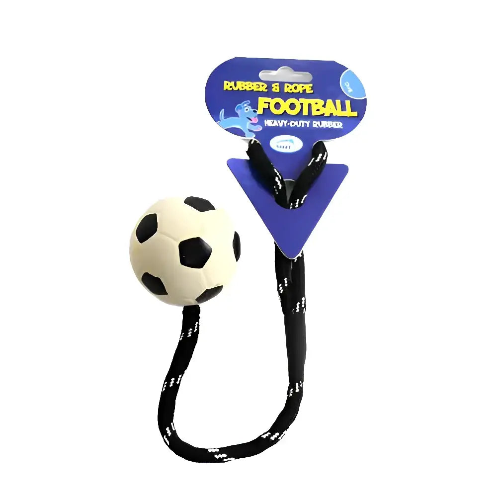 Happy pet soccer rope ball dog toy in black and white rubber with rope for heavy-duty pet play