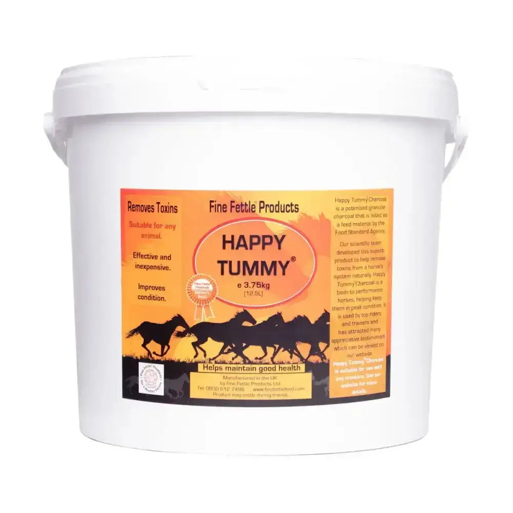 White plastic bucket with orange and black happy tummy label features horse silhouettes for happy tummy charcoal feed additive