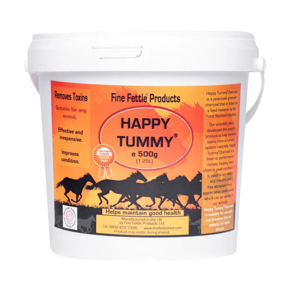 White plastic bucket of happy tummy charcoal activated charcoal for animal health with horse silhouettes label