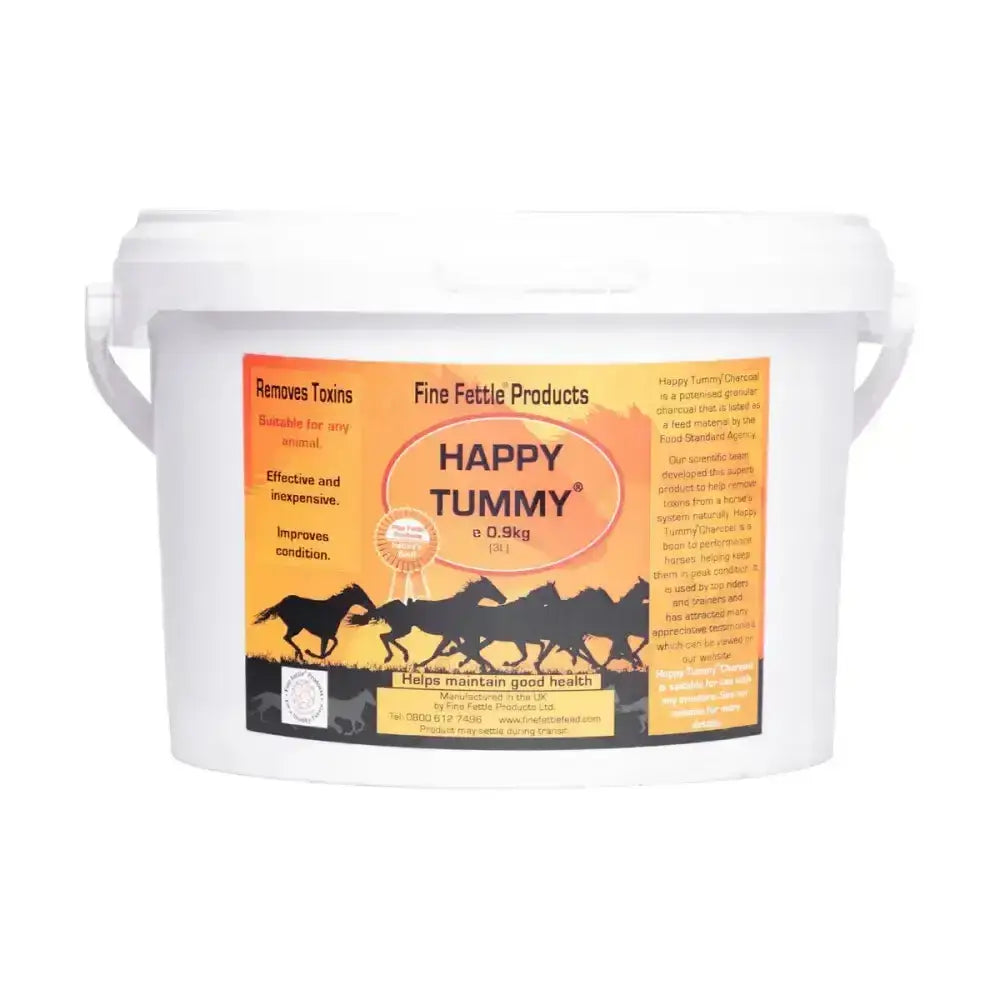 White plastic bucket with happy tummy charcoal label in orange and black featuring horse silhouettes horse vitamins supplement