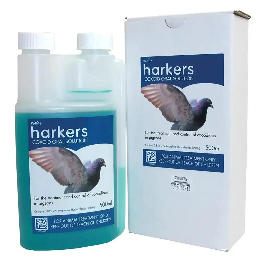 A clear plastic bottle with white cap containing teal harkers coxoid coccidiosis added oral solution for pigeons