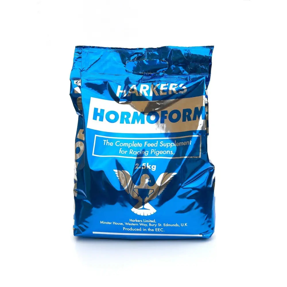 Blue metallic bag of harkers hormoform supplementary feed for racing pigeons diet complete feed supplement