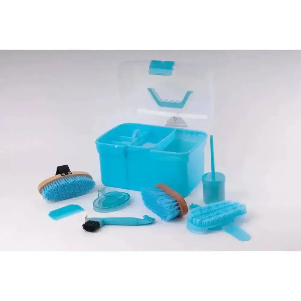 Bright turquoise harlequin childrens complete grooming kit with rubber curry comb hoof pick brush and comb