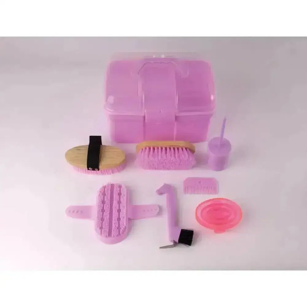 Pink plastic complete grooming kit with rubber curry comb wooden brushes hoof pick brush and matching storage box