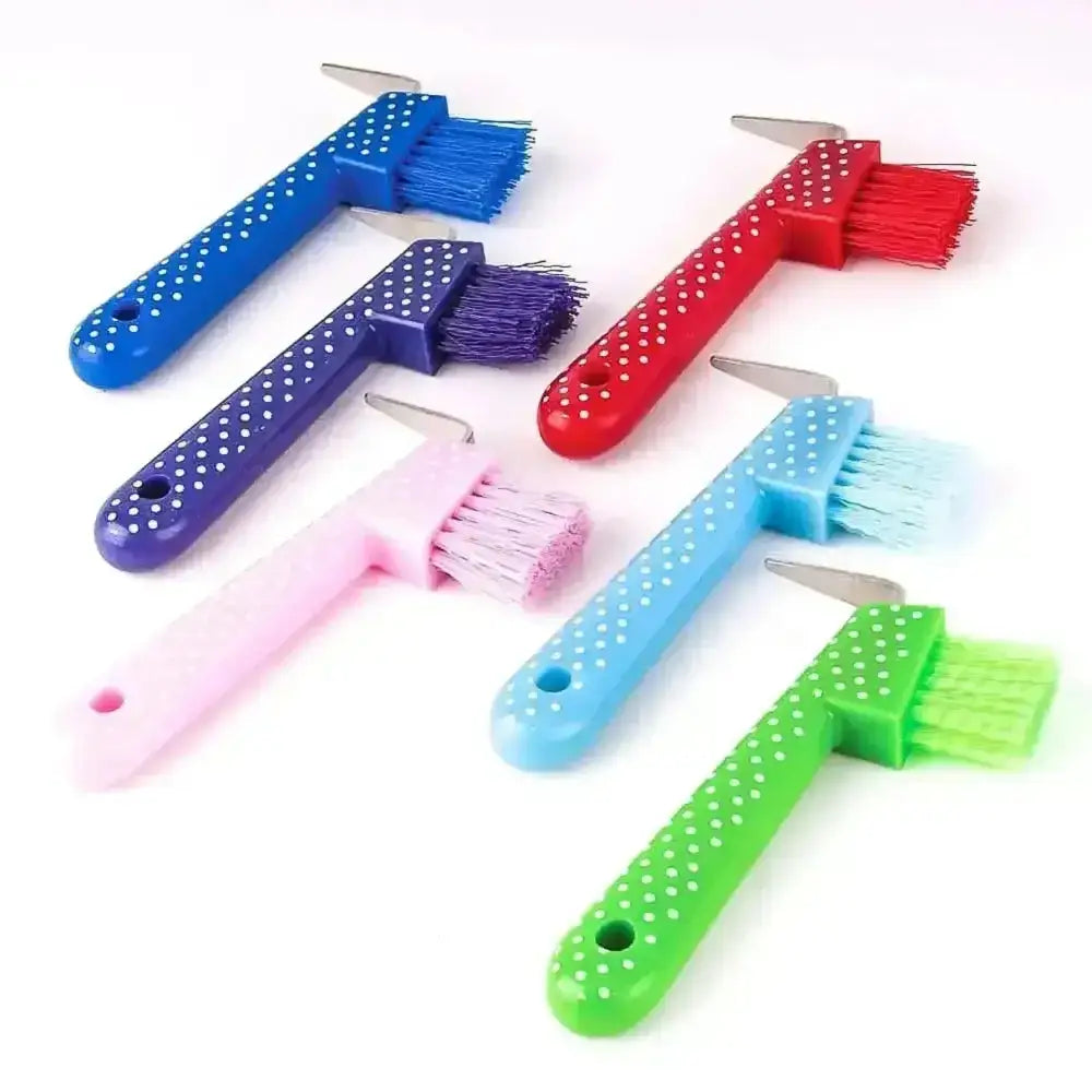 Colorful harlequin dottie hoof pick brushes with polka-dotted handles in blue red purple pink light blue and green