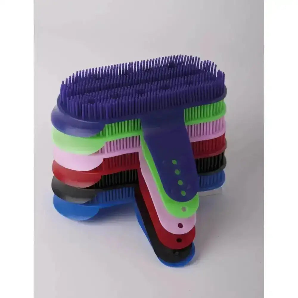 Stack of colorful harlequin plastic curry combs in assorted hues for grooming horses bulk buy 6 pack