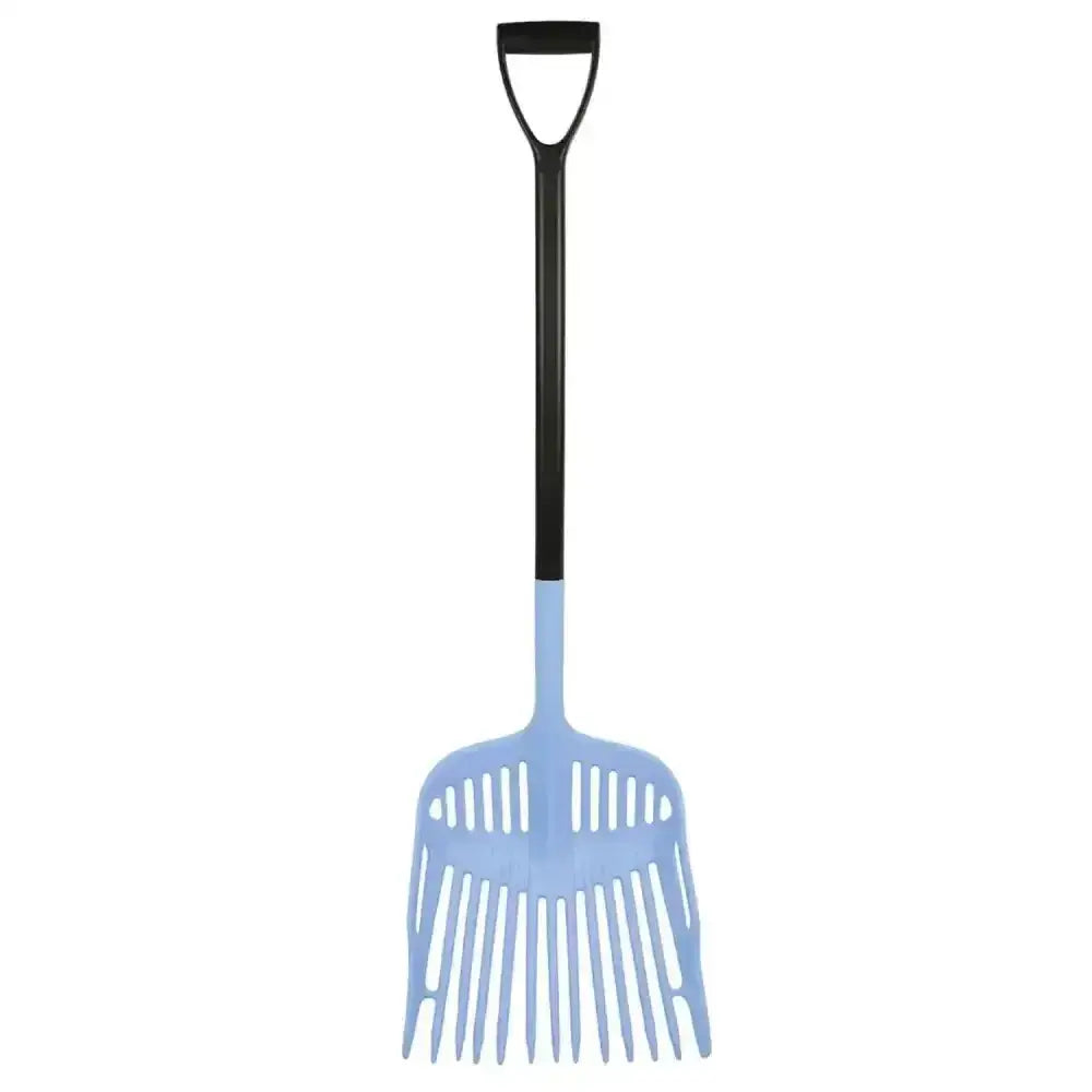 Harold moore light plastic shavings fork with light blue plastic rake and black d-shaped handle for easy use
