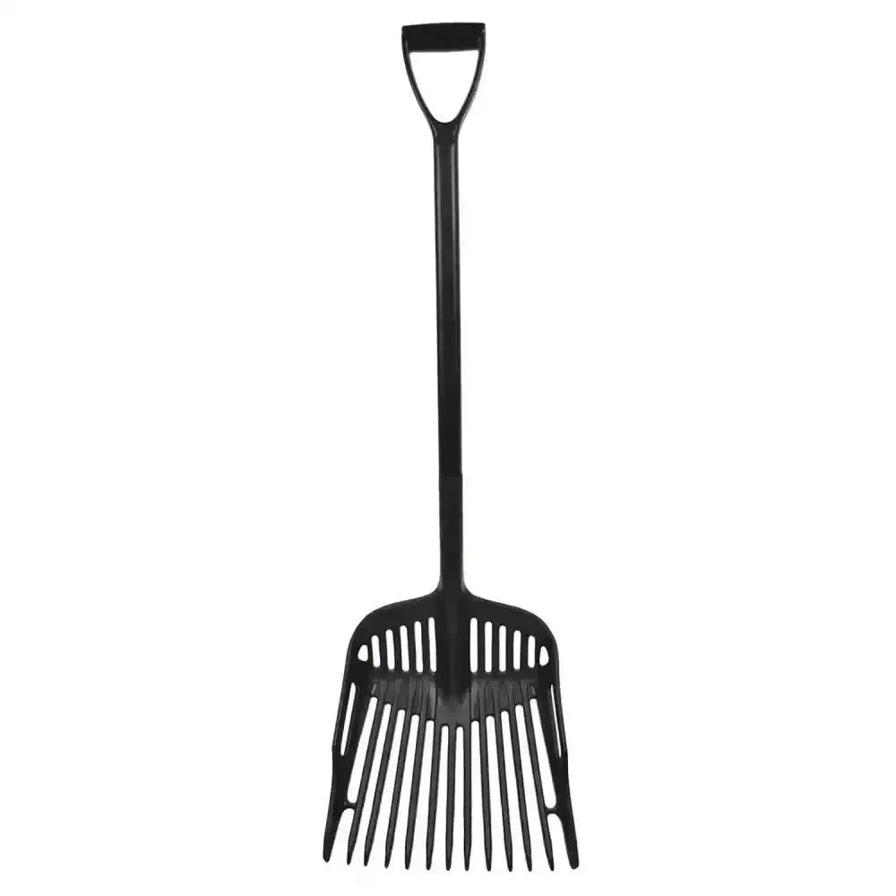 Black harold moore light plastic shavings fork with d-shaped handle and multiple tines for easy raking