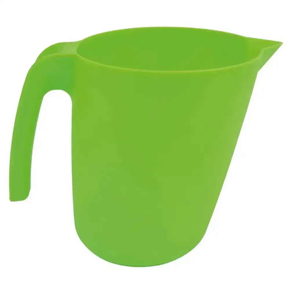 Bright green plastic harold moore pouring jug with handle spout and centrally positioned increment for easy measuring