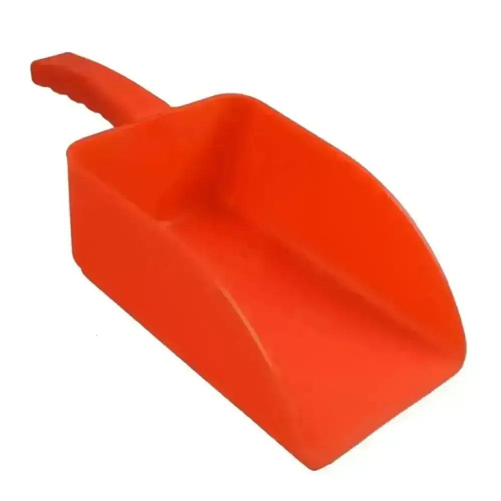 Bright orange plastic harold moore small horse feed scoop with molded handle and ergonomic grip for easy scooping