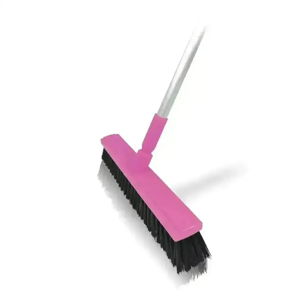 Pink plastic floor broom with black bristles and silver handle for harold moore stable use in professional equine environment with bristle technology