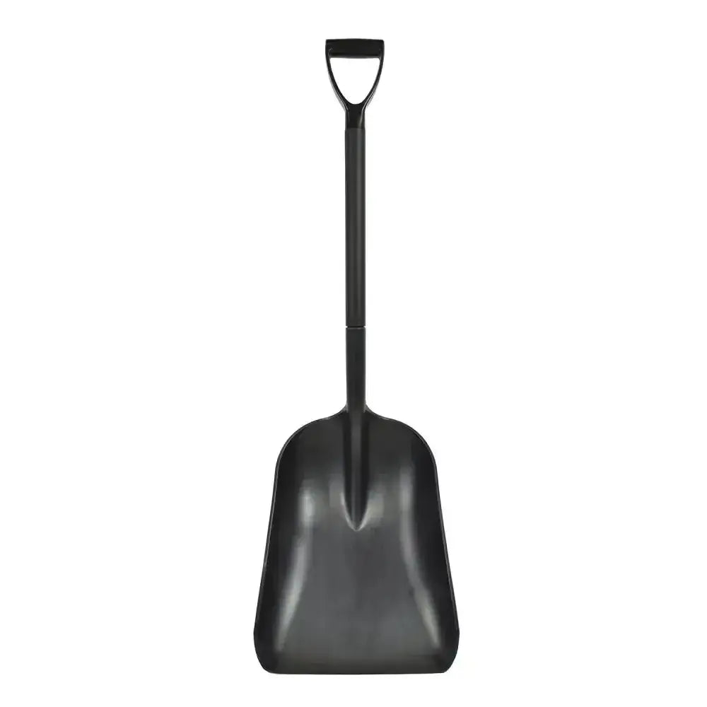 Black plastic harold moore super pan shovel with hollow d-grip cone handle and wide curved blade for easy digging